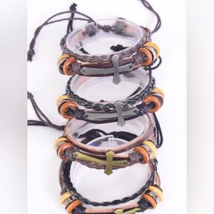 25793 Six Pack of Real Leather Band Cross 2 Strand Leathers Bracelet Wholesale